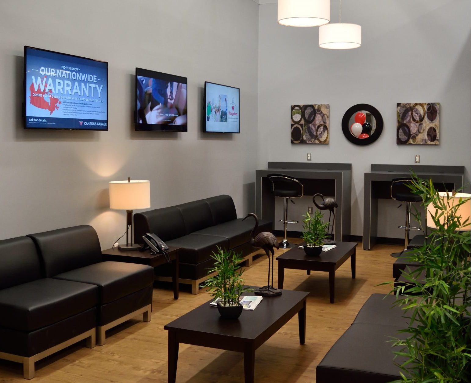 Customer waiting area with digital signage displays