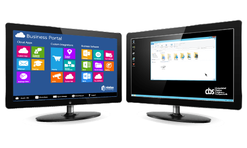 two monitors showing business portal and terminal server in use