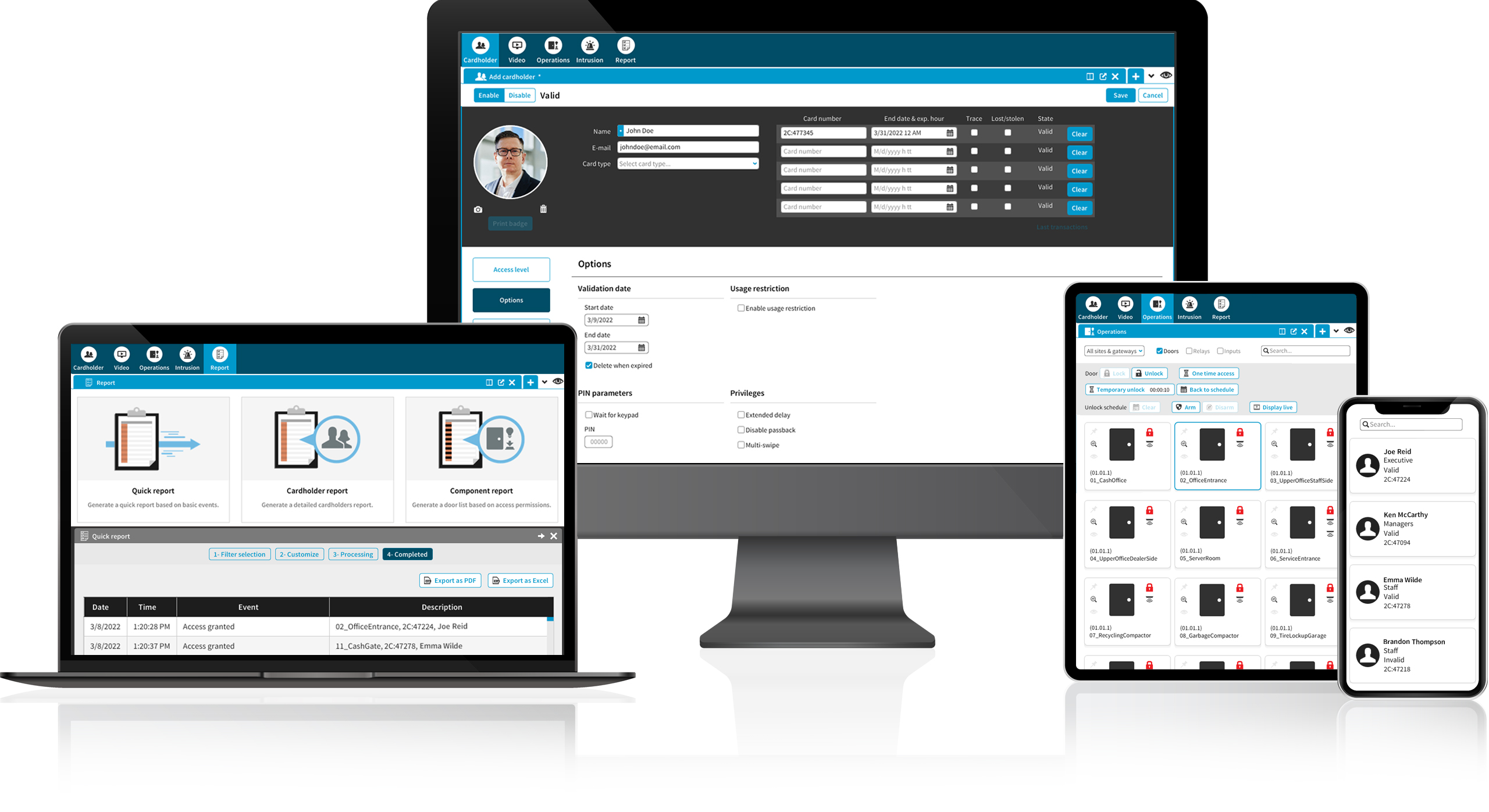 Access control software shown on desktop, laptop, tablet, and mobile devices